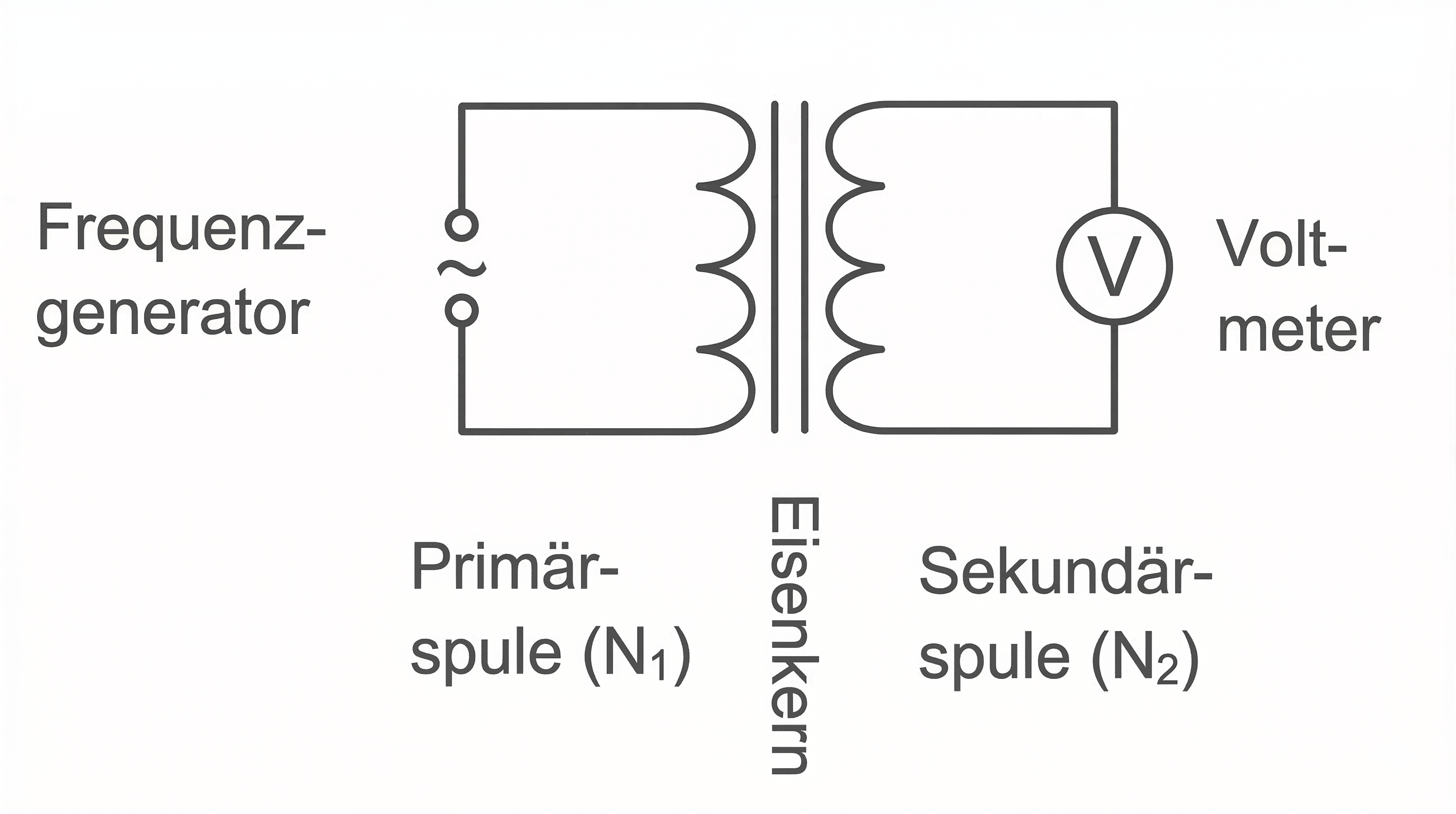 Schematische Darstellung eines Transformators mit Primär- und Sekundärspule, Eisenkern, Frequenzgenerator und Voltmeter.