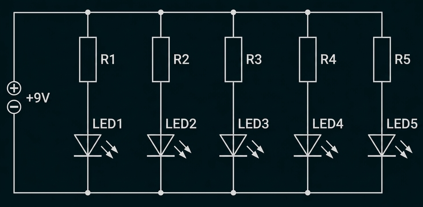 Schaltplan mit fünf LEDs und Vorwiderständen, verbunden mit Plus- und Minuspol.