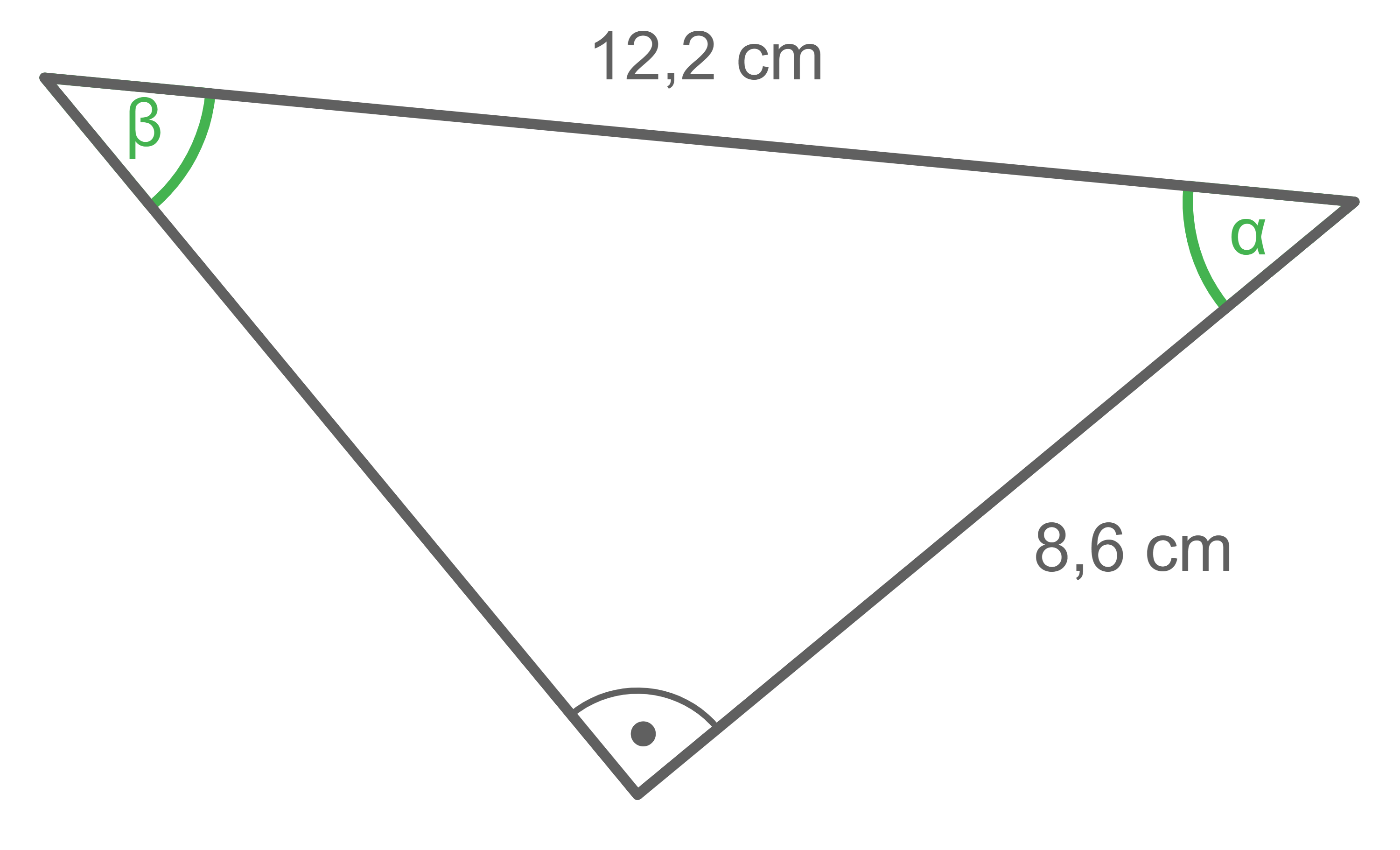 Dreieck mit den Seitenlängen 12,2 cm und 8,6 cm sowie den Winkeln α und β.