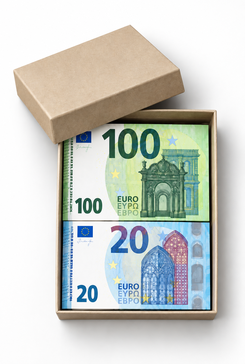 Offene Schachtel mit 100- und 20-Euro-Banknoten.