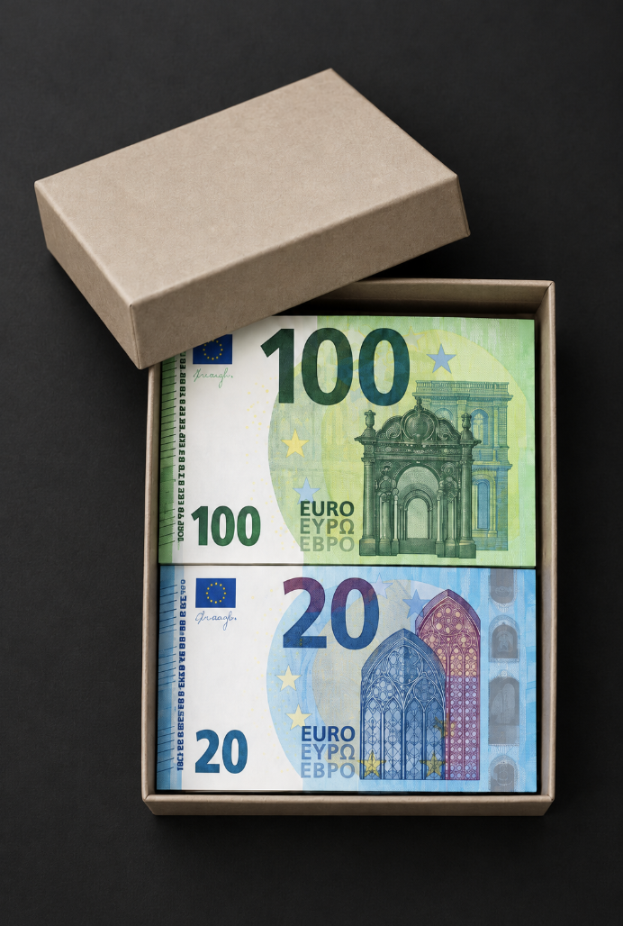 Offene Schachtel mit 100- und 20-Euro-Banknoten.