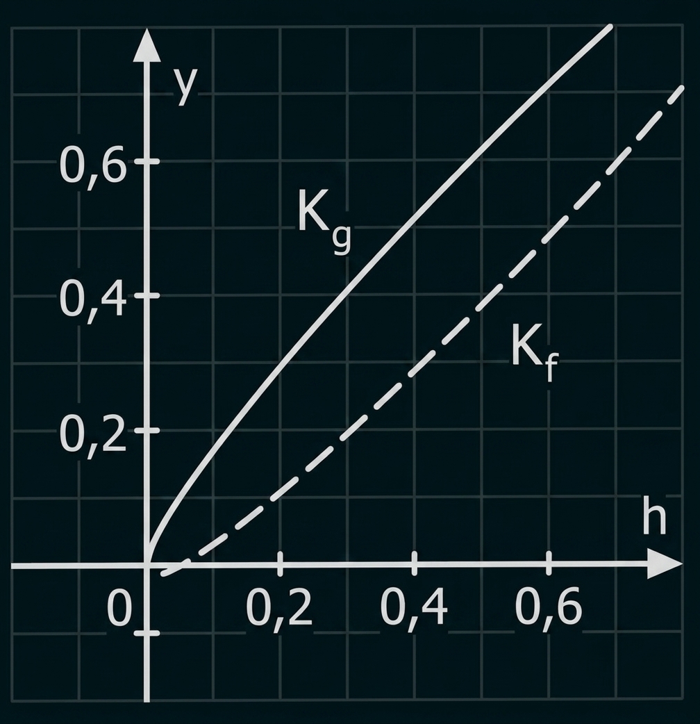 Koordinatensystem mit h- und y-Achse, Ursprung, durchgezogene Kurve K_g und gestrichelte Kurve K_f, beide von links unten nach rechts oben steigend.