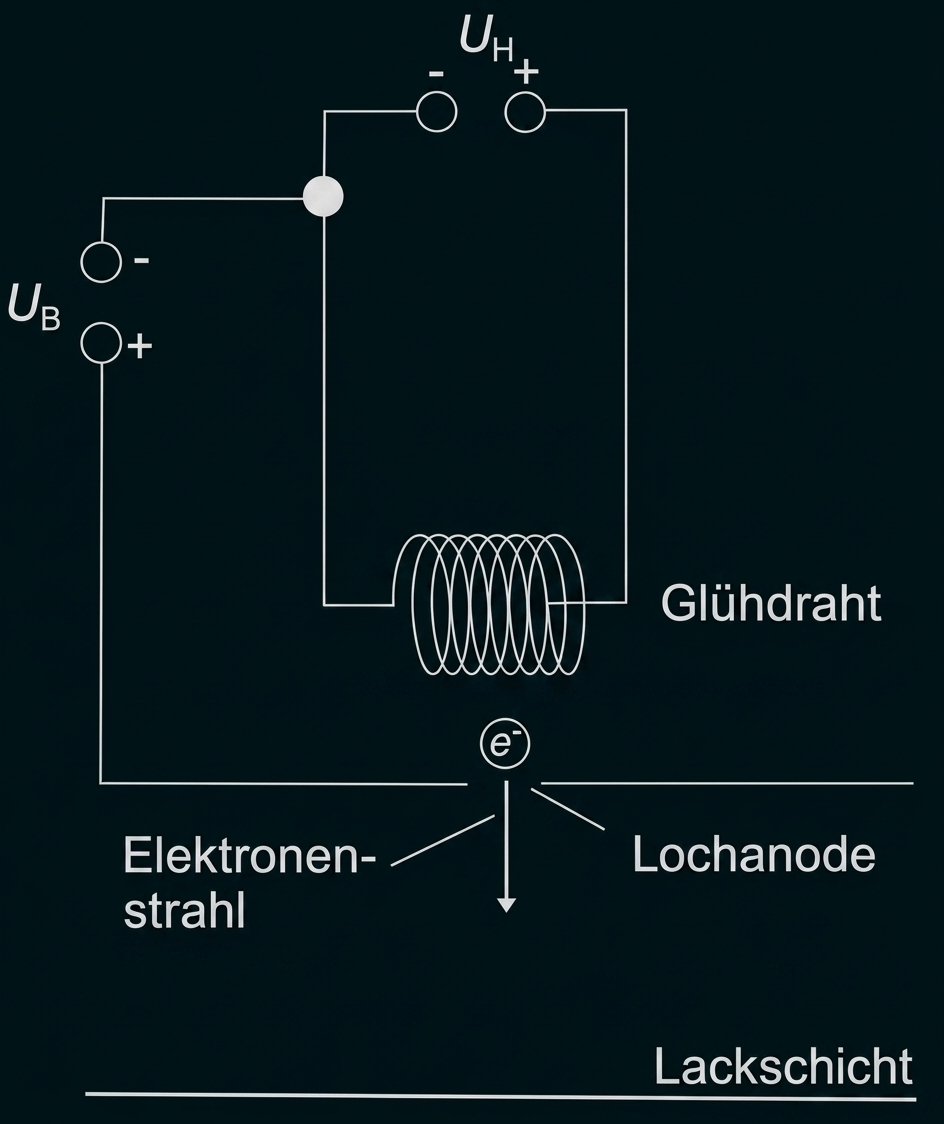 Diagramm: Elektronenröhre mit Glühdraht, Lochanode, Elektronenstrahl und Spannungsanschlüssen (UB, UH)