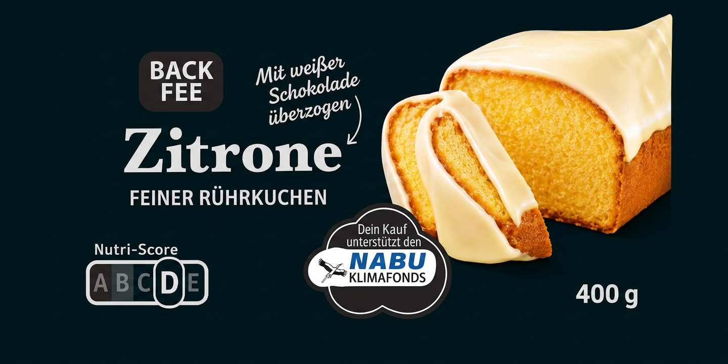Verpackung eines Zitronenrührkuchens mit weißer Schokolade, Markenlogo, Nutri-Score und 400 g