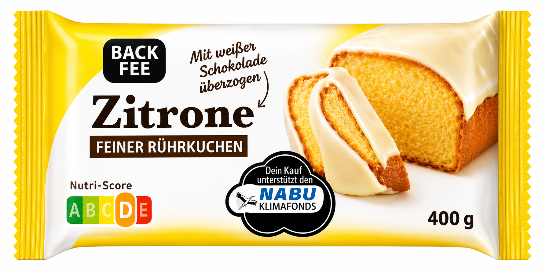 Verpackung eines Zitronenrührkuchens mit weißer Schokolade, Markenlogo, Nutri-Score und 400 g