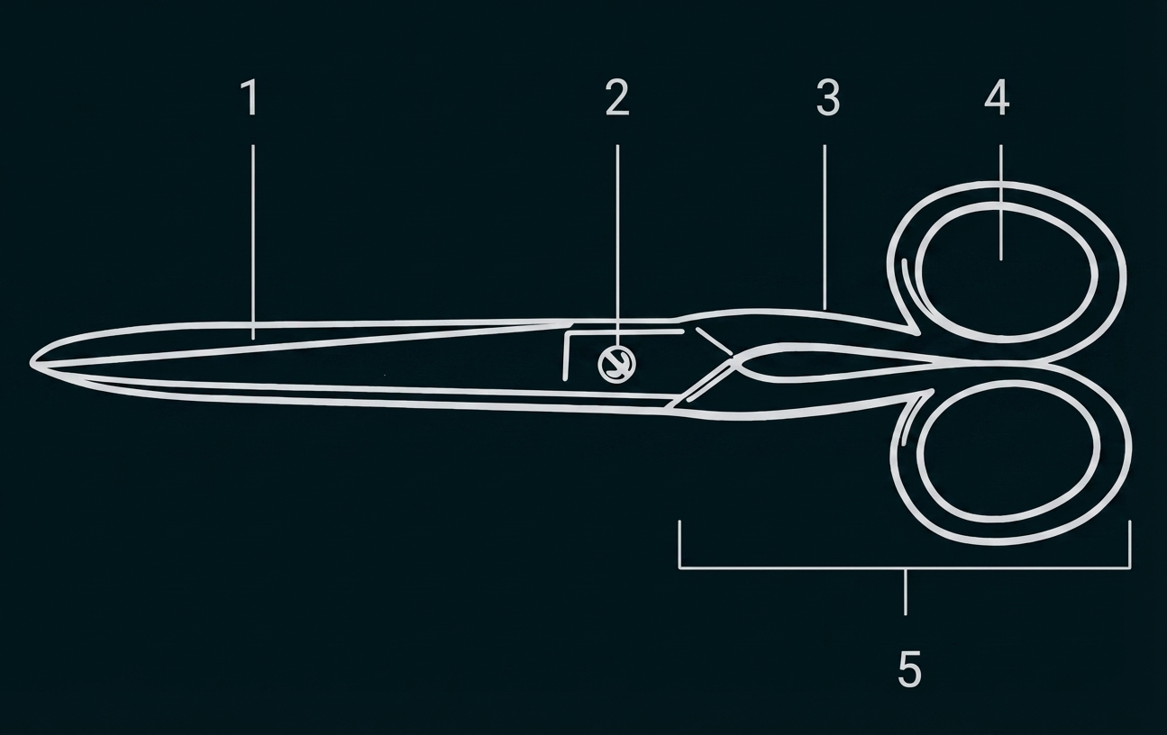 Skizze einer Schere mit nummerierten Teilen (1–5)