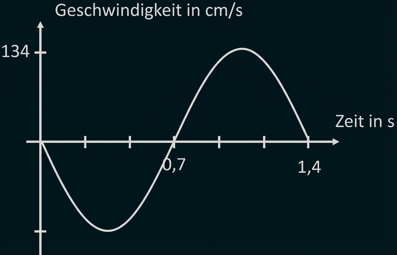 Diagramm: Geschwindigkeit (cm/s) über Zeit (s), sinusförmige Kurve mit Nulldurchgang bei 0,7 s und sichtbaren Maxima/Minima.