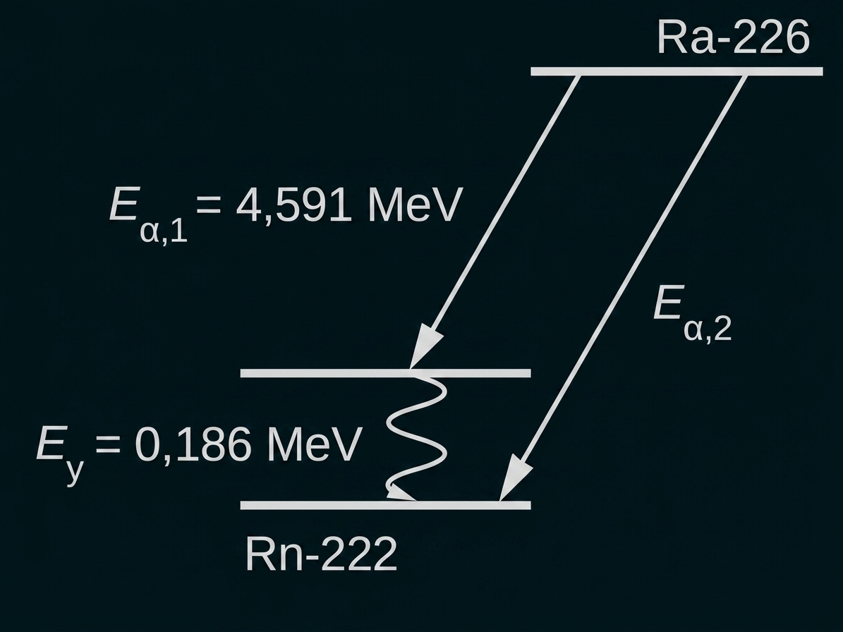 Zerfallsdiagramm von Ra-226 zu Rn-222 mit Alpha- und Gamma-Strahlung.