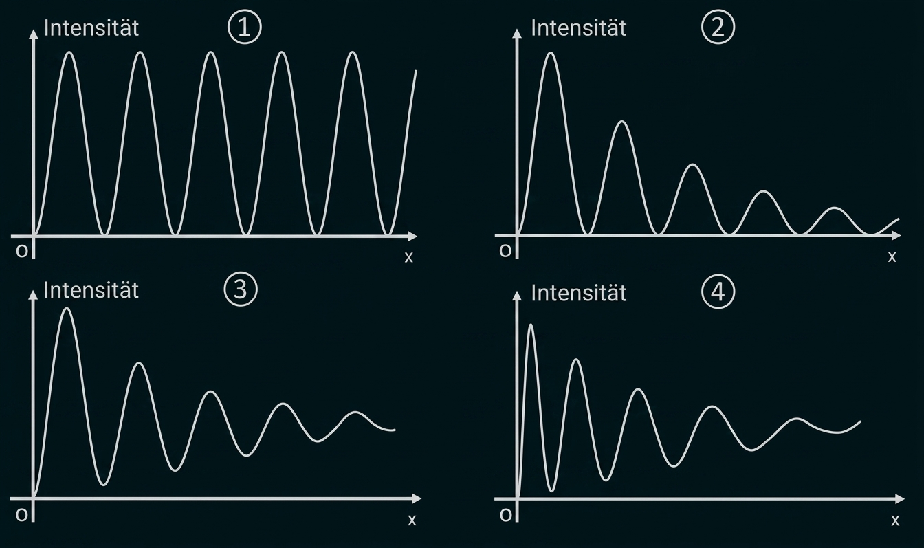 Vier nummerierte Diagramme mit Intensität gegen x, wellenförmige Kurven mit unterschiedlicher Dämpfung.