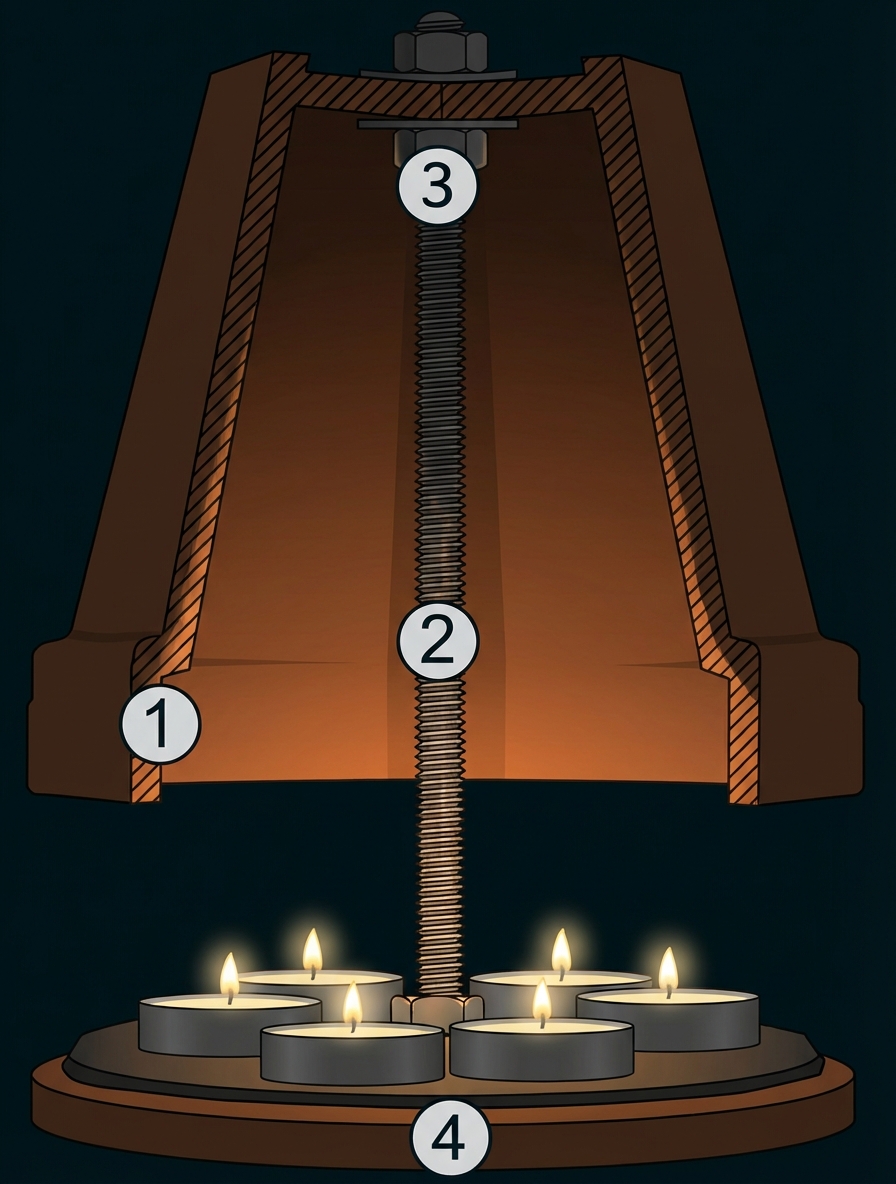 Querschnitt eines Teelichtofens mit Tontopf, Gewindestange aus Stahl, Untersetzer und Teelichte