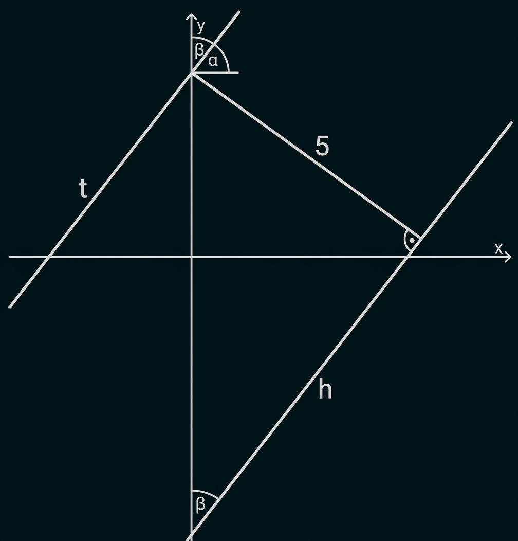 Koordinatensystem mit senkrechter Linie, zwei schrägen Geraden t und h, Winkelskizze α/β oben und Strecke mit Länge 5