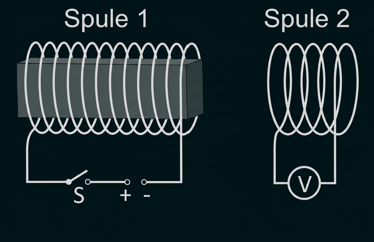 Zwei Spulen mit Schaltung, links mit Schalter, rechts mit Voltmeter.