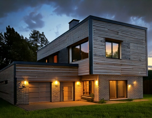 Modernes Wohnhaus mit Holzfassade und großen Fenstern, beleuchtet bei Dämmerung.