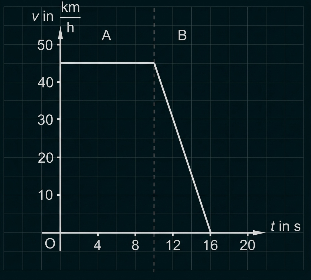 Diagramm mit Geschwindigkeits-Zeit-Verlauf, Abschnitte A und B, Achsen in km/h und s.