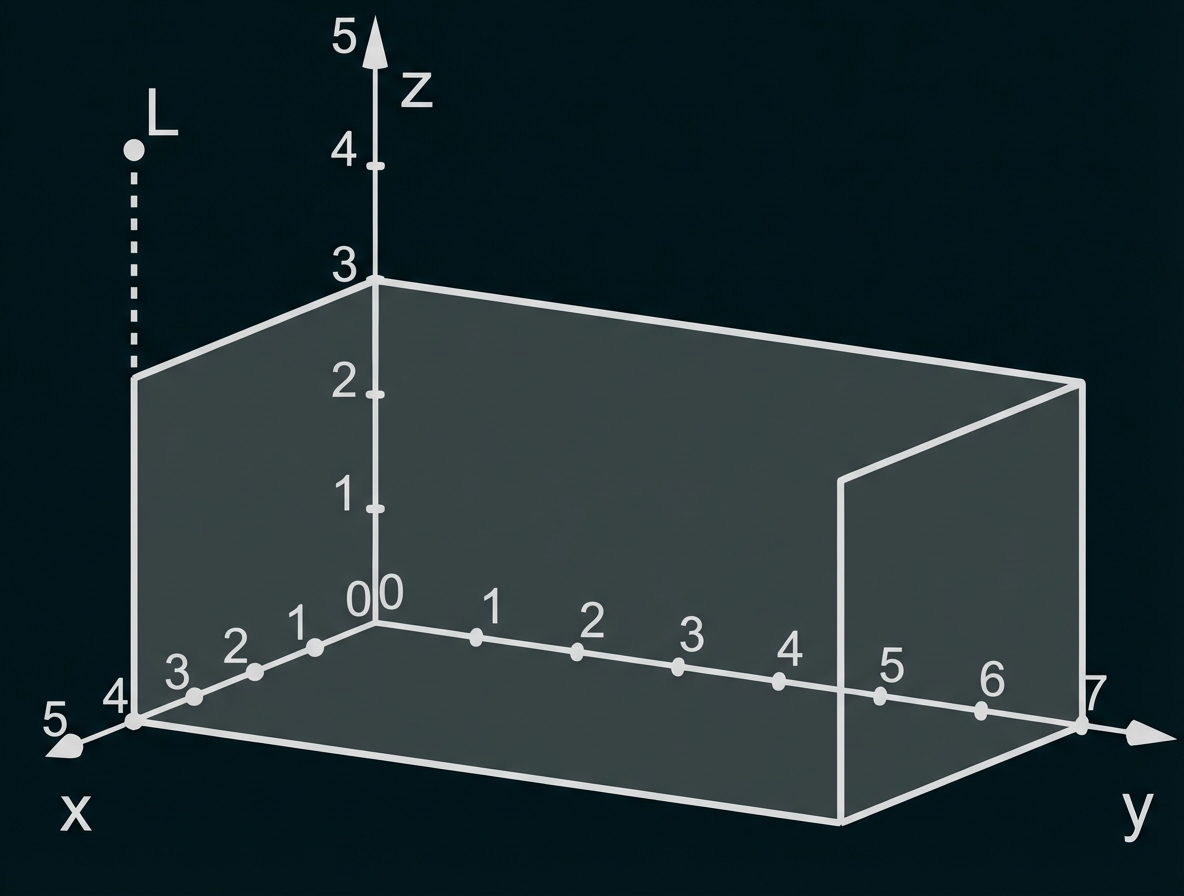 3D-Koordinatensystem mit Quader, x-, y-, z-Achsen, markierten Punkten und Punkt L oben links.