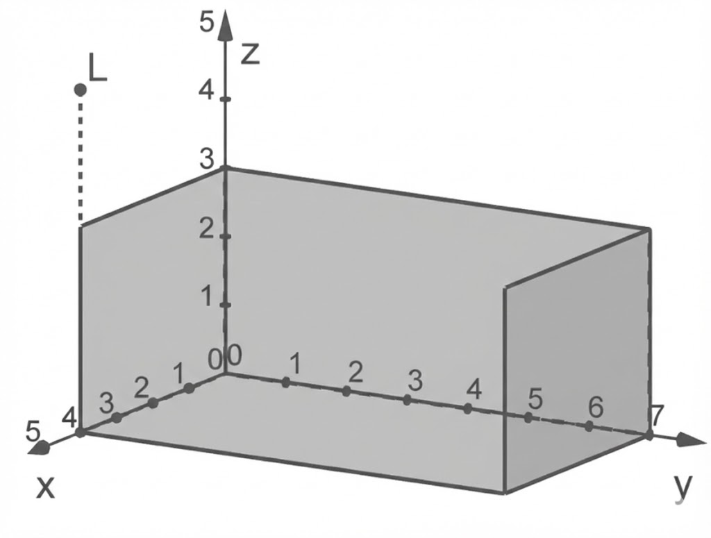 3D-Koordinatensystem mit Quader, x-, y-, z-Achsen, markierten Punkten und Punkt L oben links.