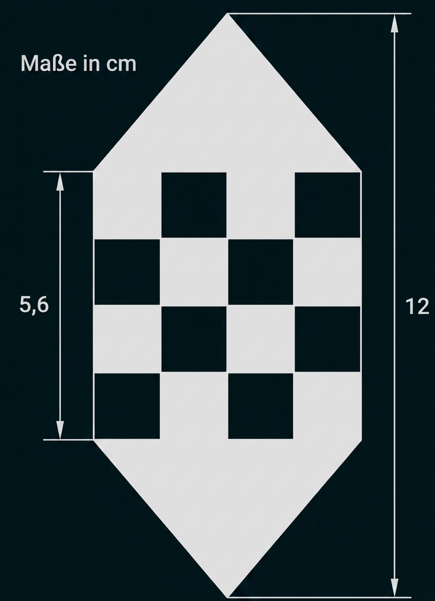 Geometrische Figur mit Maßen in cm und kariertem Mittelteil.