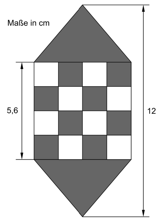 Geometrische Figur mit Maßen in cm und kariertem Mittelteil.