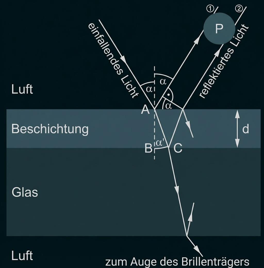 Gangunterschied bei einfallendem Licht auf ein beschichtetes Glas
