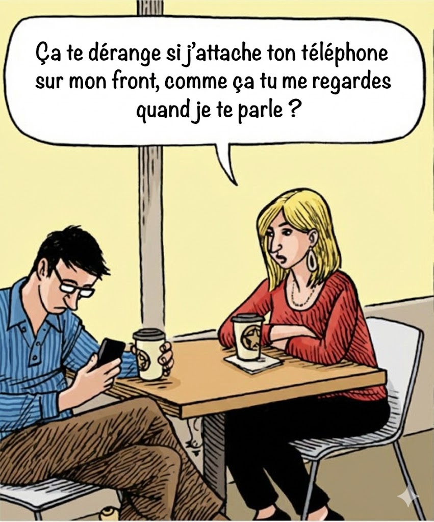 Comic: Paar im Café, Mann schaut aufs Handy, Frau genervt gegenüber mit französischer Sprechblase.