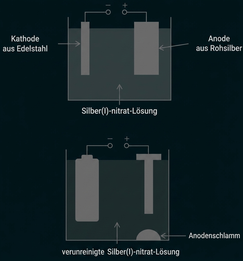 Schematische Elektrolysezelle mit Kathode, Anode, Silber(I)-nitrat-Lösung und Anodenschlamm