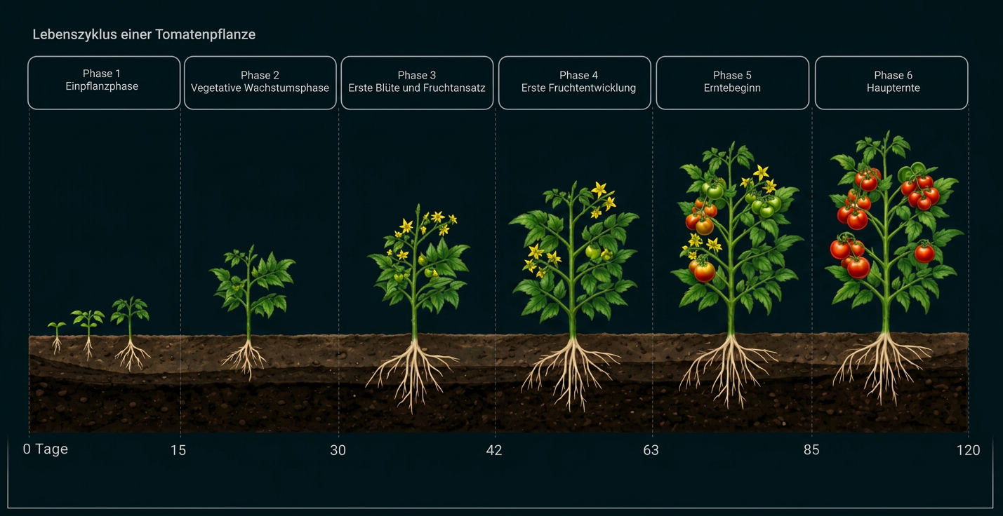 Lebenszyklus einer Tomatenpflanze von der Keimung bis zur Haupternte in sechs Phasen.