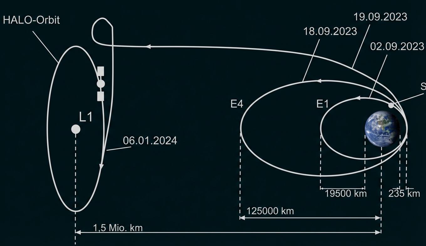 Schematische Darstellung einer Raumsonden-Flugbahn von Erdumlaufbahnen zum HALO-Orbit um L1 mit Daten und Entfernungen.
