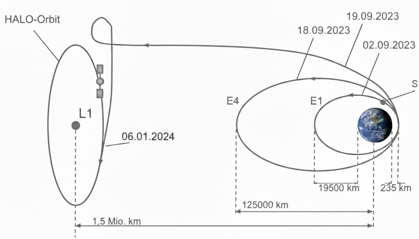 Schematische Darstellung einer Raumsonden-Flugbahn von Erdumlaufbahnen zum HALO-Orbit um L1 mit Daten und Entfernungen.
