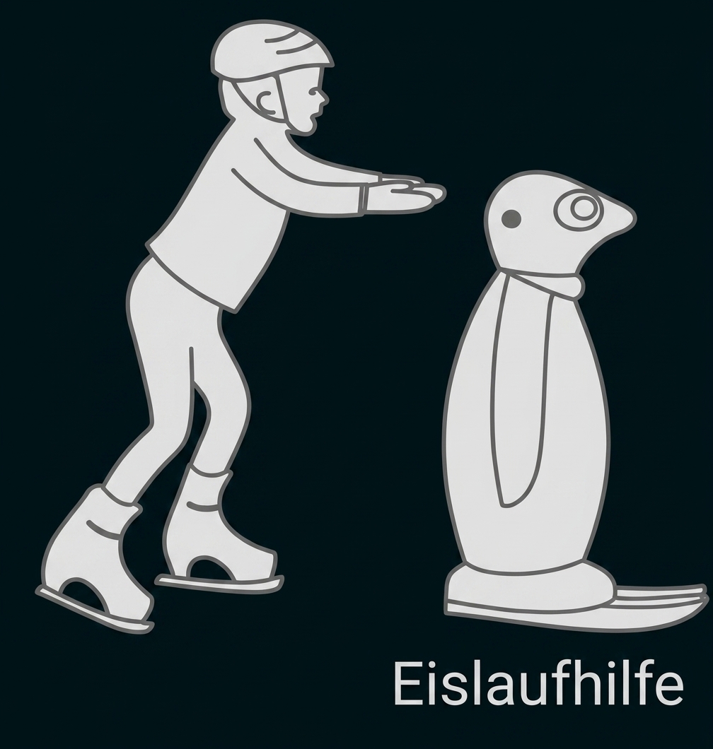 Eislaufhilfe mit Kind und Pinguin-Figur auf Schlittschuhen