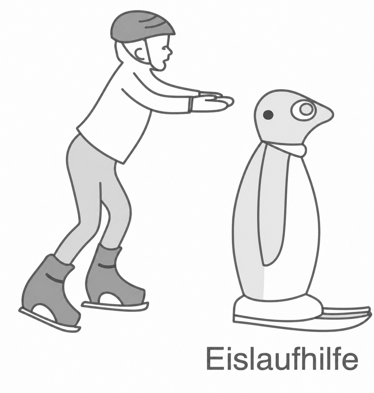 Eislaufhilfe mit Kind und Pinguin-Figur auf Schlittschuhen