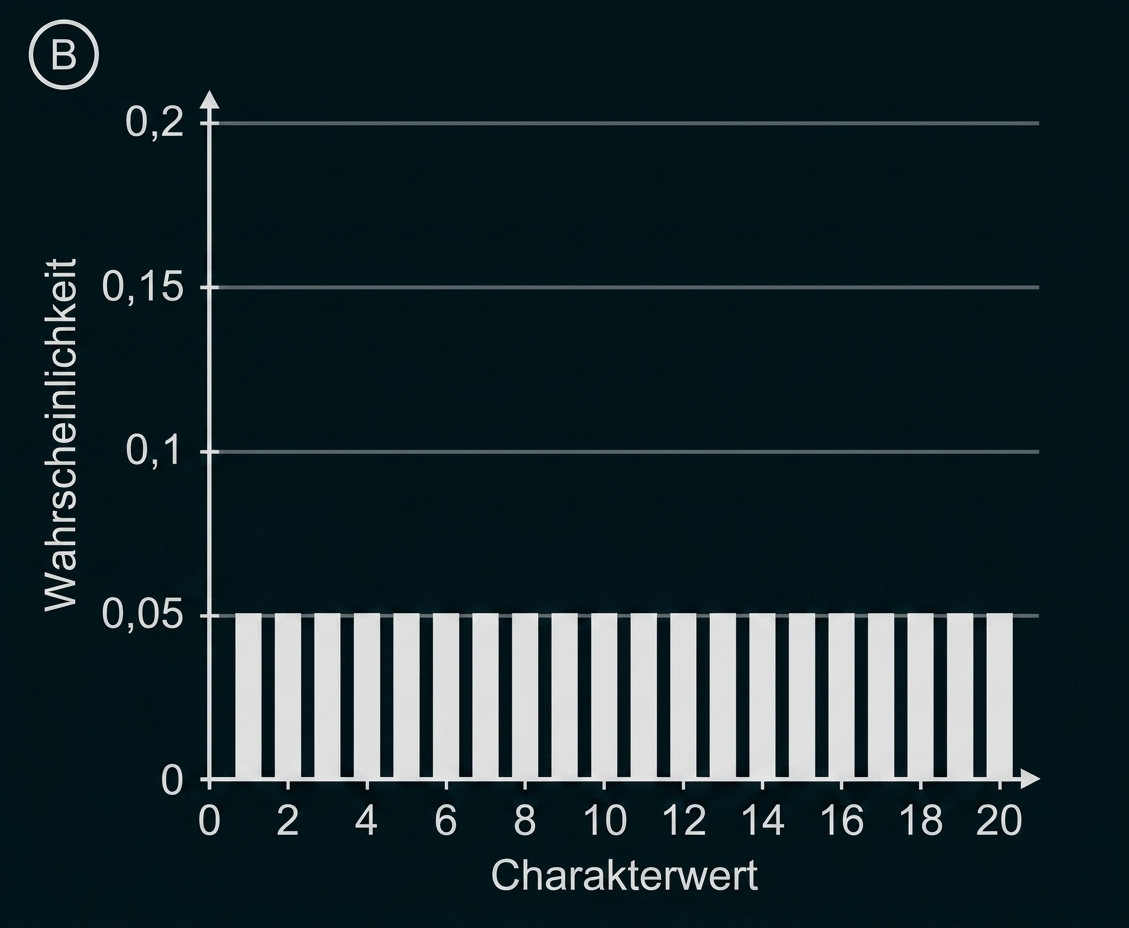 Balkendiagramm mit gleich hohen Balken: Wahrscheinlichkeit ~0,05 für Charakterwerte 0–20.