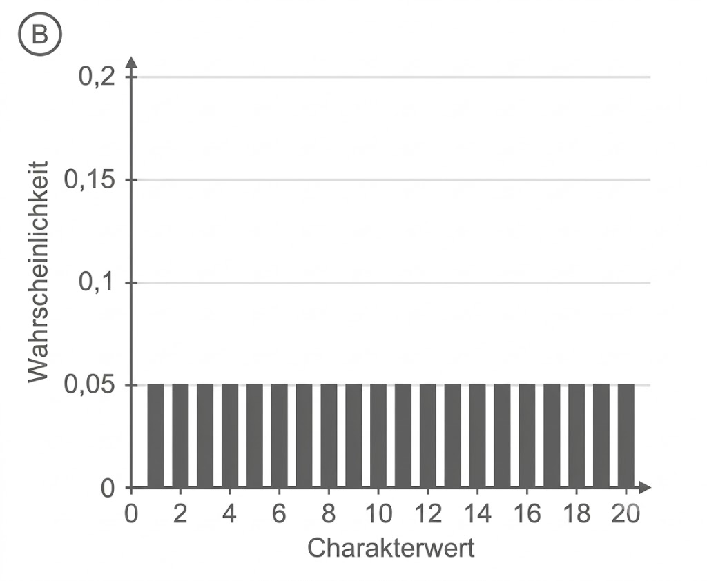 Balkendiagramm mit gleich hohen Balken: Wahrscheinlichkeit ~0,05 für Charakterwerte 0–20.