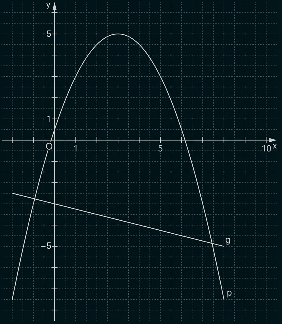 Gepunktetes Koordinatensystem mit nach unten geöffneter Parabel p und fallender Geraden g.