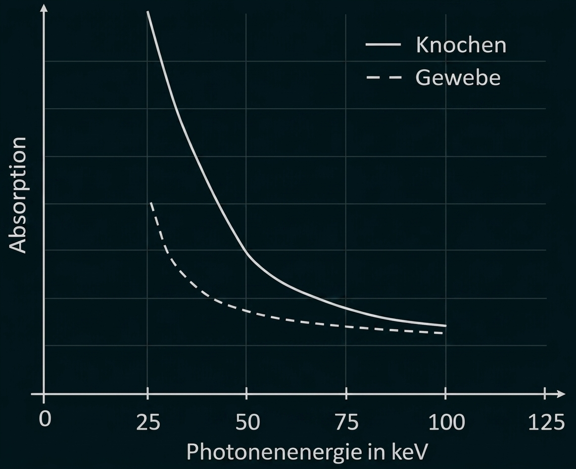 Diagramm: Absorption vs. Photonenenergie (keV), zwei Kurven: Knochen (durchgezogen, höher) und Gewebe (gestrichelt, niedriger)