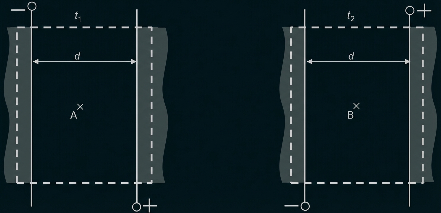 Schematische Darstellung zweier Plattenkondensatoren mit Abstand d und markierten Punkten A und B