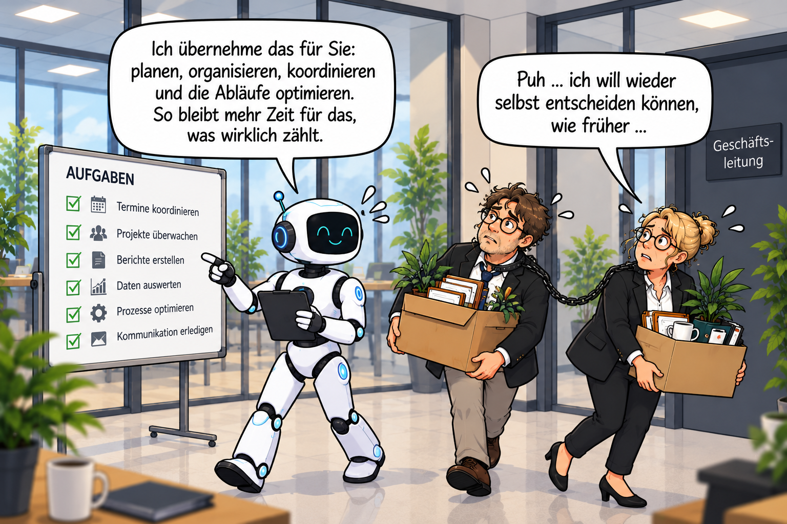Roboter übernimmt Büroaufgaben, während zwei besorgte Beschäftigte mit Kartons das Büro verlassen.