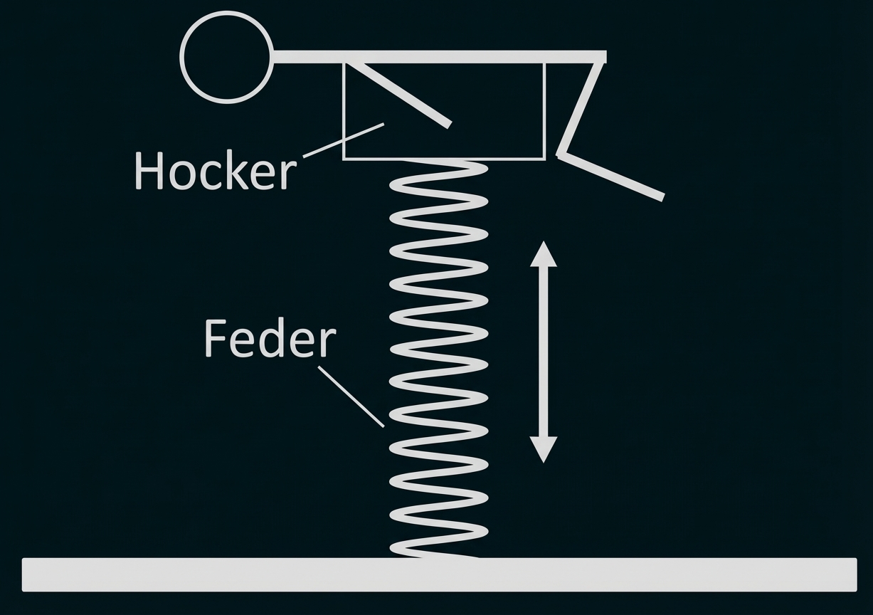 Hocker auf Spiralfeder, schematische Skizze mit Doppelpfeil für Auf- und Abbewegung.