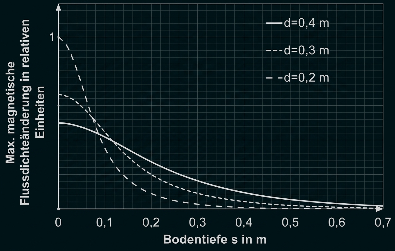 Diagramm: Abnehmende maximale magnetische Flussdichteänderung mit Bodentiefe, drei Kurven für d = 0,2 m / 0,3 m / 0,4 m