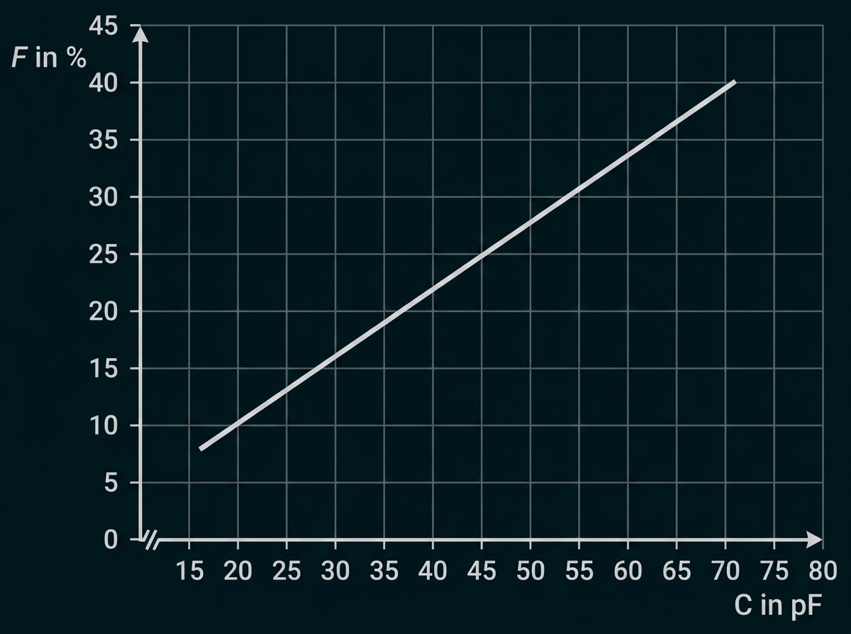 Liniendiagramm: F in % steigt linear mit C in pF, von etwa 9% bei 15 pF bis ca. 40% bei 75 pF.