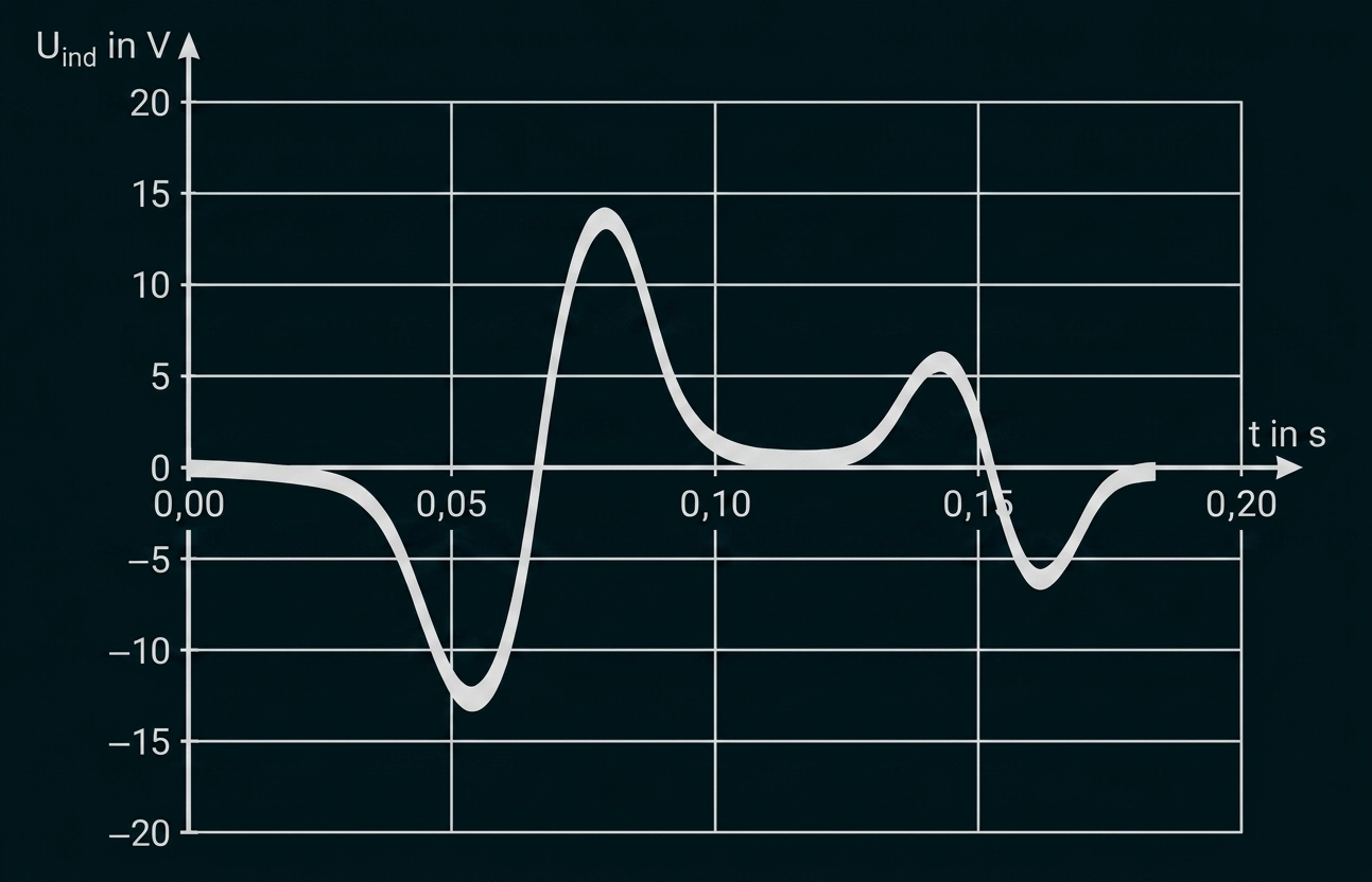 Diagramm: Induzierte Spannung über Zeit, oszillierende Kurve mit positiven und negativen Ausschlägen.