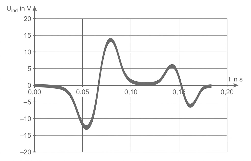 Diagramm: Induzierte Spannung über Zeit, oszillierende Kurve mit positiven und negativen Ausschlägen.