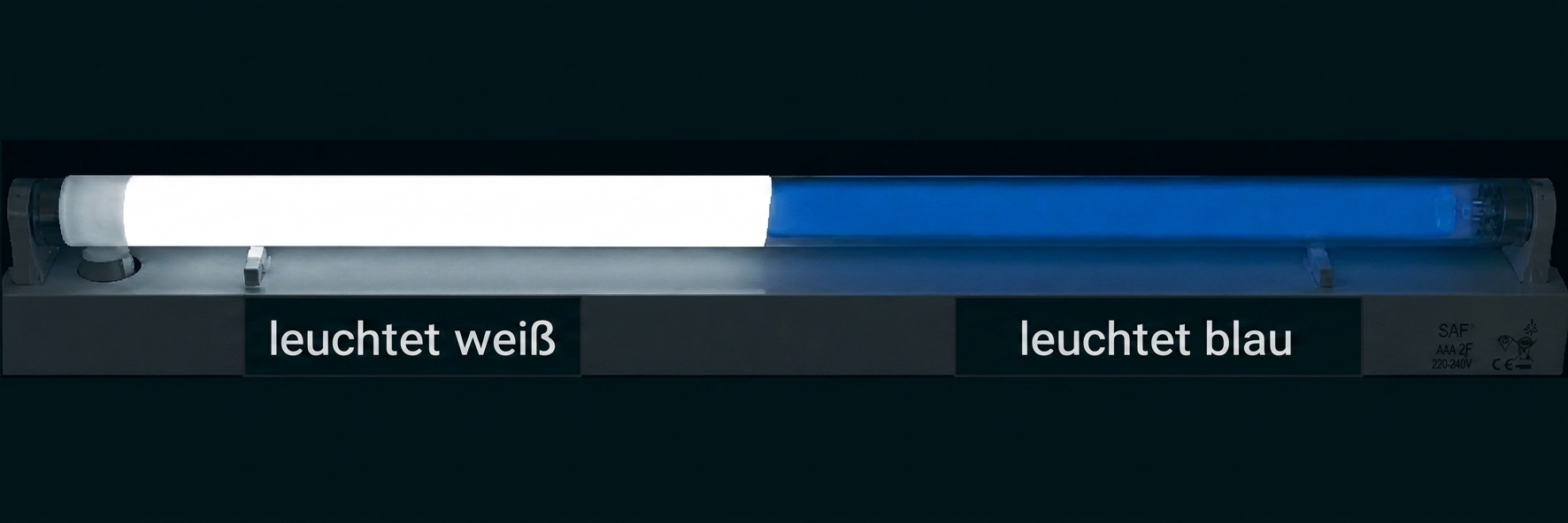 Leuchte mit Röhre auf Gehäuse, Beschriftungen "leuchtet weiß" und "leuchtet blau"