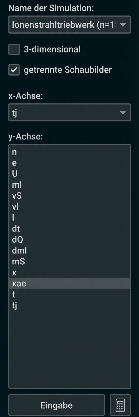 Dialogfenster: Simulation-Dropdown, aktivierte Checkbox "getrennte Schaubilder", Auswahlfelder für x- und y-Achse, Liste und Eingabe-Button