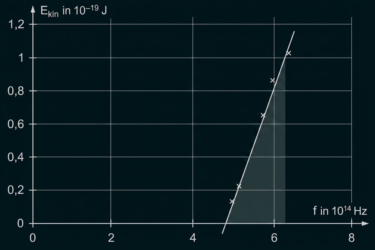 Diagramm: kinetische Energie (10^-19 J) gegen Frequenz (10^14 Hz); Messpunkte, lineare Fitlinie und schattierter Bereich bei ≈6·10^14 Hz