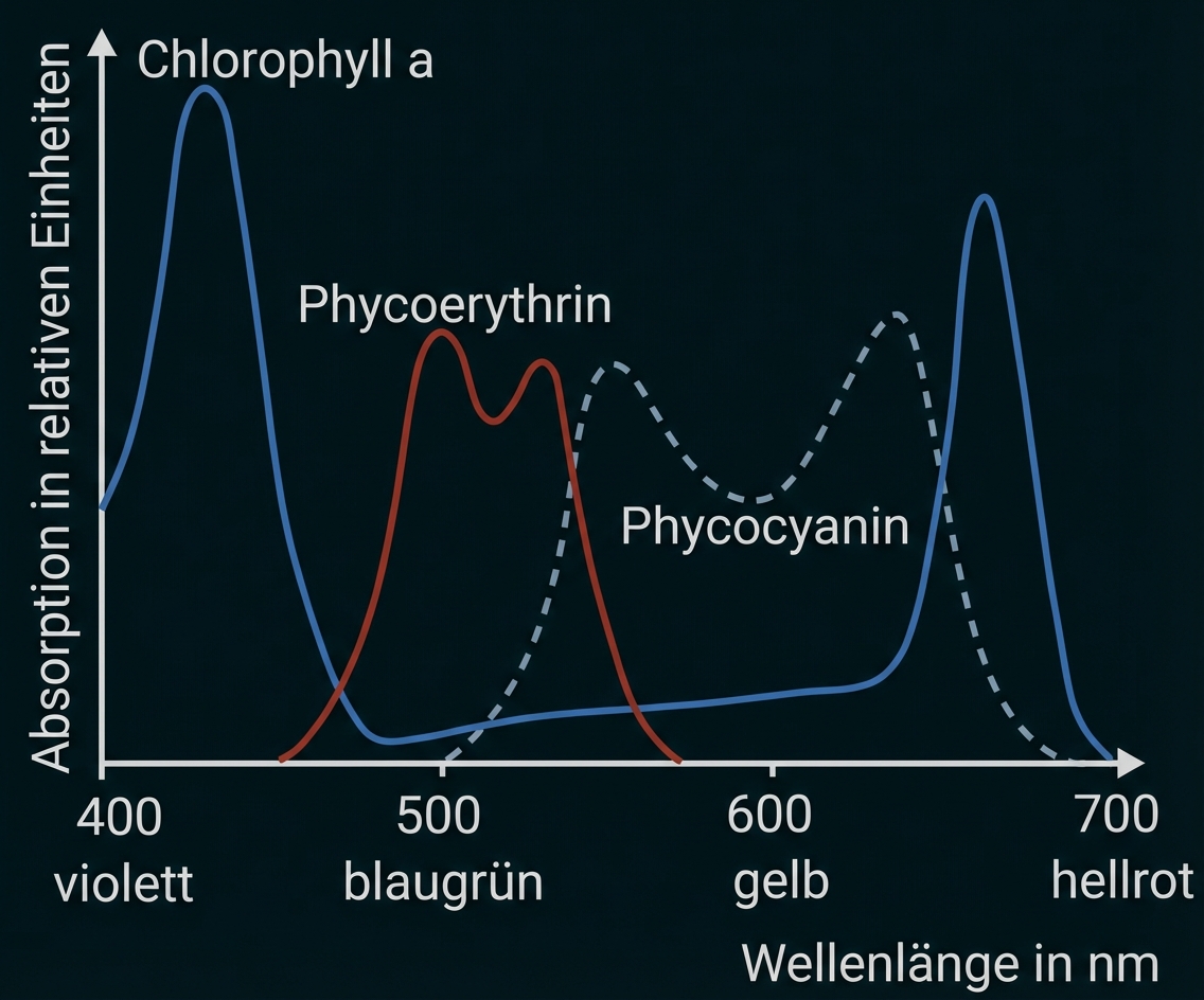 Diagramm: Absorptionsspektren von Chlorophyll a, Phycoerythrin und Phycocyanin über Wellenlängen 400–700 nm