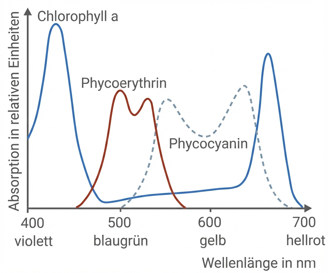 Diagramm: Absorptionsspektren von Chlorophyll a, Phycoerythrin und Phycocyanin über Wellenlängen 400–700 nm