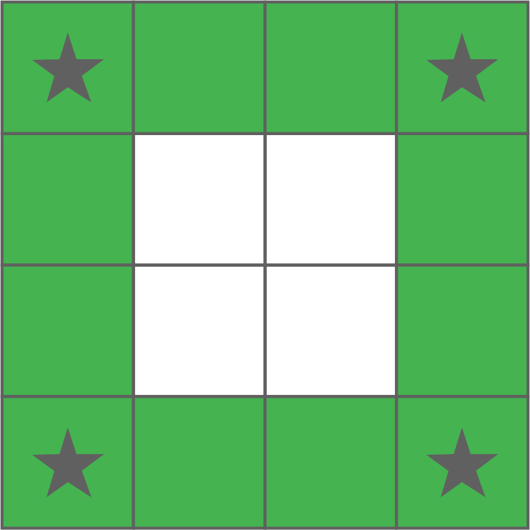 Grünes Raster mit weißer 2x2‑Mitte und grauen Sternen in den vier Ecken