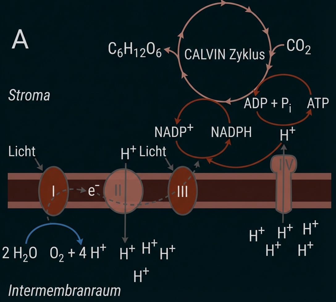 Schematische Darstellung der Photosynthese: Lichtreaktionen, Elektronentransport, Protonengradient, ATP-Synthase und Calvin-Zyklus