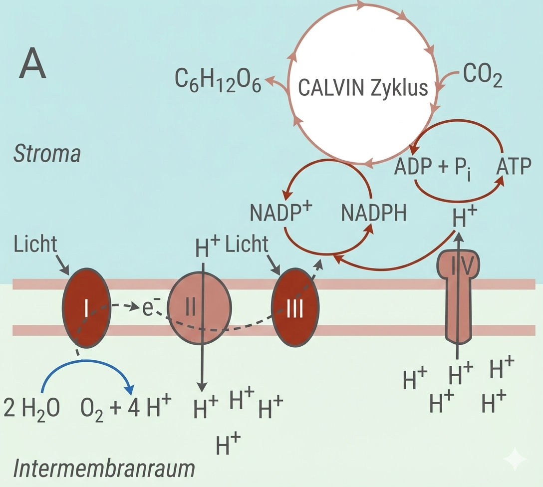 Schematische Darstellung der Photosynthese: Lichtreaktionen, Elektronentransport, Protonengradient, ATP-Synthase und Calvin-Zyklus