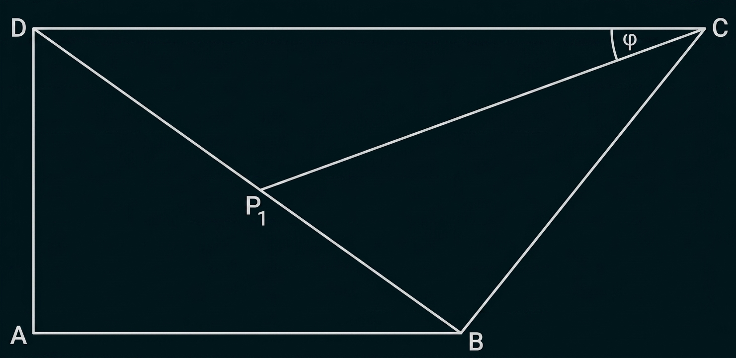 Rechteck ABCD mit Diagonale DB, Punkt P1 auf DB, Strecke P1C und Winkel φ bei C.